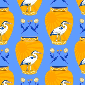 Great Blue Heron Vase With Yellow Sun on Soft Blue