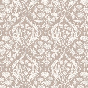   block print floral damask in cream and taupe, (S) 8" 