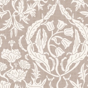 block print floral damask in cream and taupe, (XL) 24" 