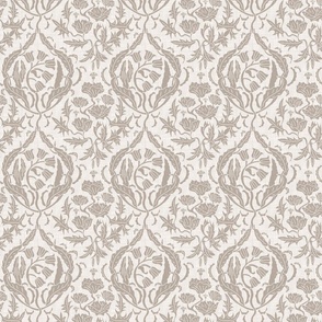   block print floral damask in cream and taupe, (S) 6" 