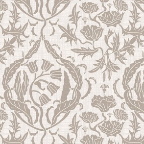   block print floral damask in cream and taupe, (L) 15" 