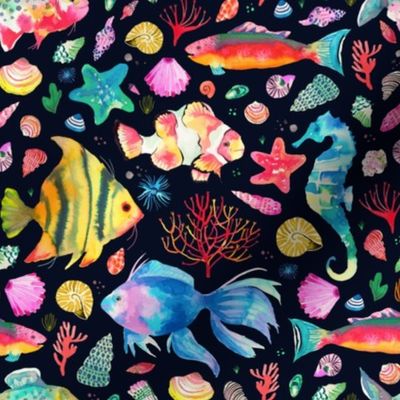 Orange Multicolor-Fishes and shells Multi navy Small