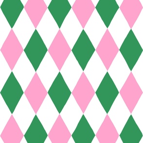 Large - harlequin diamond - Kelly Green pink and white - hand drawn brush stroke - Rhombus Lozenge pattern Checkered Geometric - fun happy girly wallpaper