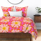 Wow! Flower Bold Orange, Peach And Pink Garden Floral Bloom With Bright Yellow On Cerise Overlay Screenprint Tropical Retro Modern Repeat Pattern