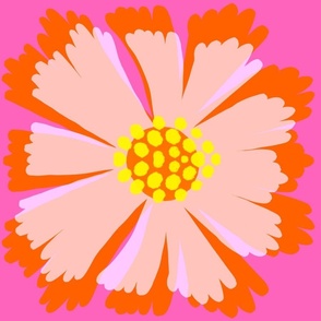 Wow! Flower Bold Orange, Peach And Pink Garden Floral Bloom With Bright Yellow On Cerise Overlay Screenprint Tropical Retro Modern Repeat Pattern