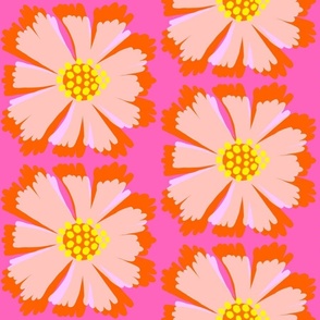 Wow! Flower Mini Bold Orange, Peach And Pink Garden Floral Bloom With Bright Yellow On Cerise Overlay Screenprint Tropical Retro Modern Repeat Pattern