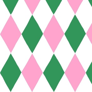 Medium - harlequin diamond - Kelly Green pink and white - hand drawn brush stroke - Rhombus Lozenge pattern Checkered Geometric - fun happy girly wallpaper