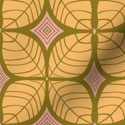 265 - large scale modern leaf quatrefoil botanical in yellow, pink and olive green