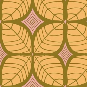 265 - large scale modern leaf quatrefoil botanical in yellow, pink and olive green