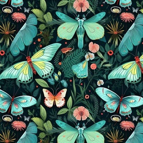Tropical Butterfly & Luna Moth Paradise: A Colorful Floral Symphony with Butterflies and Moths