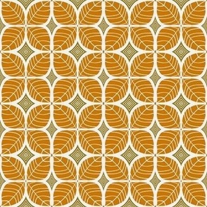 265 - small scale modern leaf quatrefoil botanical in mustard and olive green