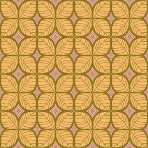 265 - small  scale modern leaf quatrefoil botanical in yellow, pink and olive green