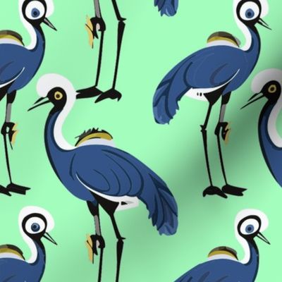 Blue Crowned Cranes on Light Green