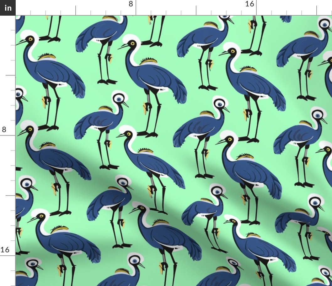 Blue Crowned Cranes on Light Green