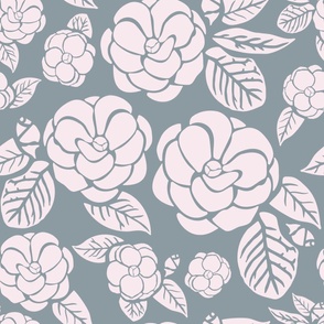 Stylized Blockprint Camelias - Boho Floral - Solid Neutral Colors Flowers and Foliage - Faded Navy and Light Pink - Large Scale