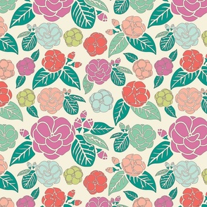 Stylized Block print Flowers - Boho Floral - Solid Colorful Camelias - Pink, Salmon, Blue, Ivory Background - Medium Scale