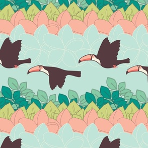 Flying Toucans - Baby Blue Sky - Green Tropical Plants - Pink Tropical Flowers - Medium scale