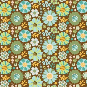 Bohemian Stylized Floral - Modern Folk Art - Vibrant Bold Colors - Brown Background - Blue, Green, Orange, Brown - Medium Scale