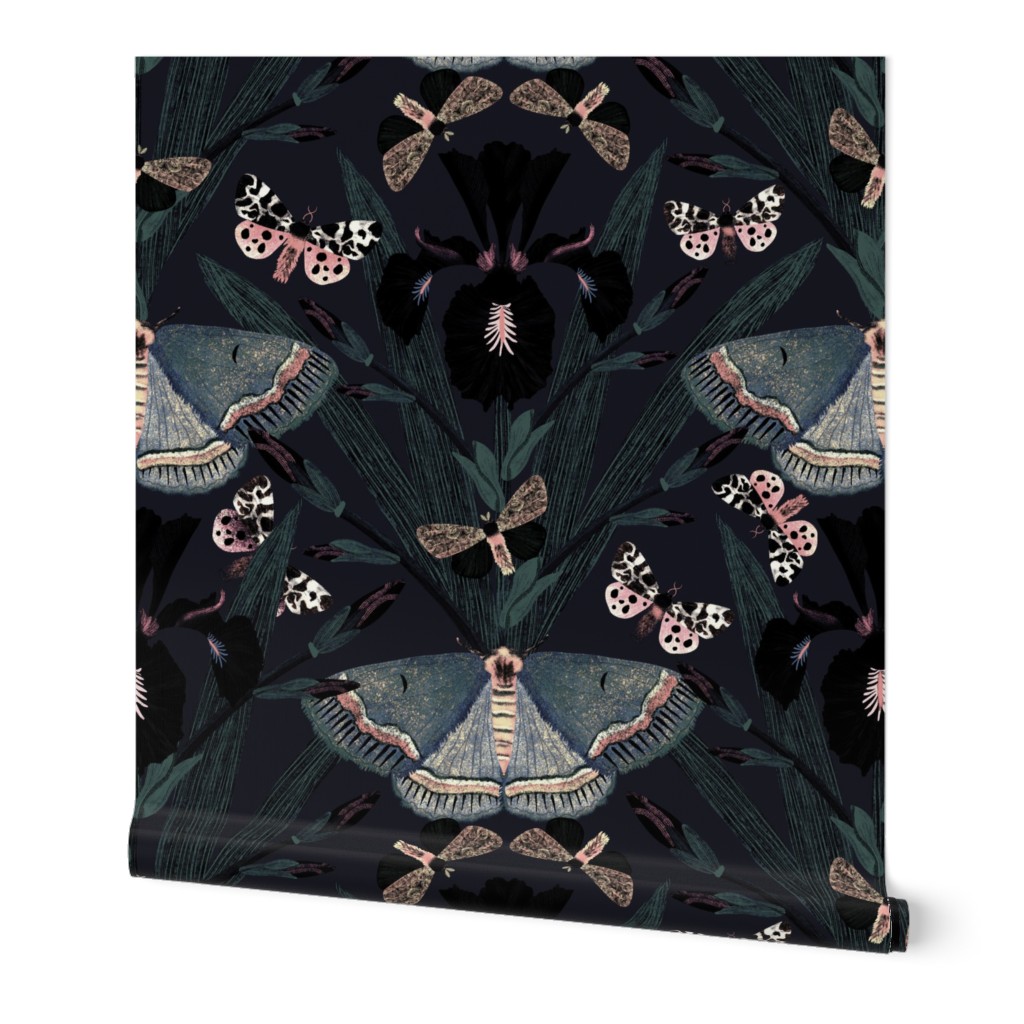 24 '' Dutch Iris flower & Moths | goth at night moody saturated maximalist wallpaper - magical garden | black floral, muted cool green, slate blue & dusty pink accents on dark muted slate navy | jumbo