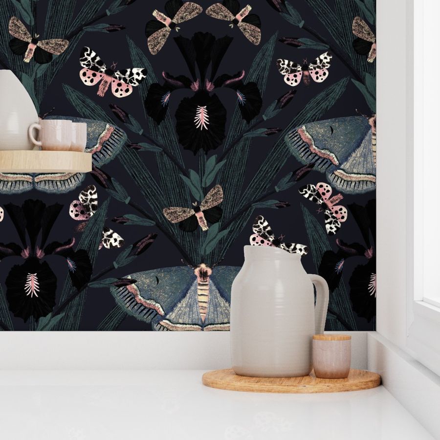 24 '' Dutch Iris flower & Moths | goth at night moody saturated maximalist wallpaper - magical garden | black floral, muted cool green, slate blue & dusty pink accents on dark muted slate navy | jumbo