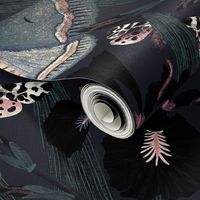 24 '' Dutch Iris flower & Moths | goth at night moody saturated maximalist wallpaper - magical garden | black floral, muted cool green, slate blue & dusty pink accents on dark muted slate navy | jumbo