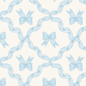 Large Two Directional Blue Bows with Ribbon Diamond Trellis on Benjamin Moore White Opulence Background