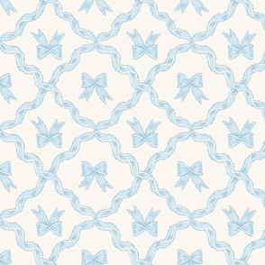 Medium Two Directional Blue Bows with Ribbon Diamond Trellis on Benjamin Moore White Opulence Background