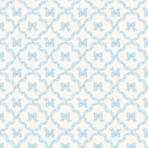 Small Two Directional Blue Bows with Ribbon Diamond Trellis on Benjamin Moore White Opulence Background