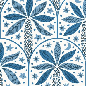 Palm Tree (Jumbo) Blue on Cream - Tropical Moon and Stars Scallop Fan