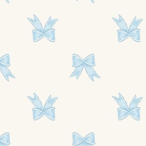Large Two Directional Pastel Blue Bow Ribbons on Benjamin Moore White Opulence Background
