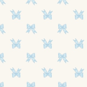 Medium Two Directional Pastel Blue Bow Ribbons on Benjamin Moore White Opulence Background