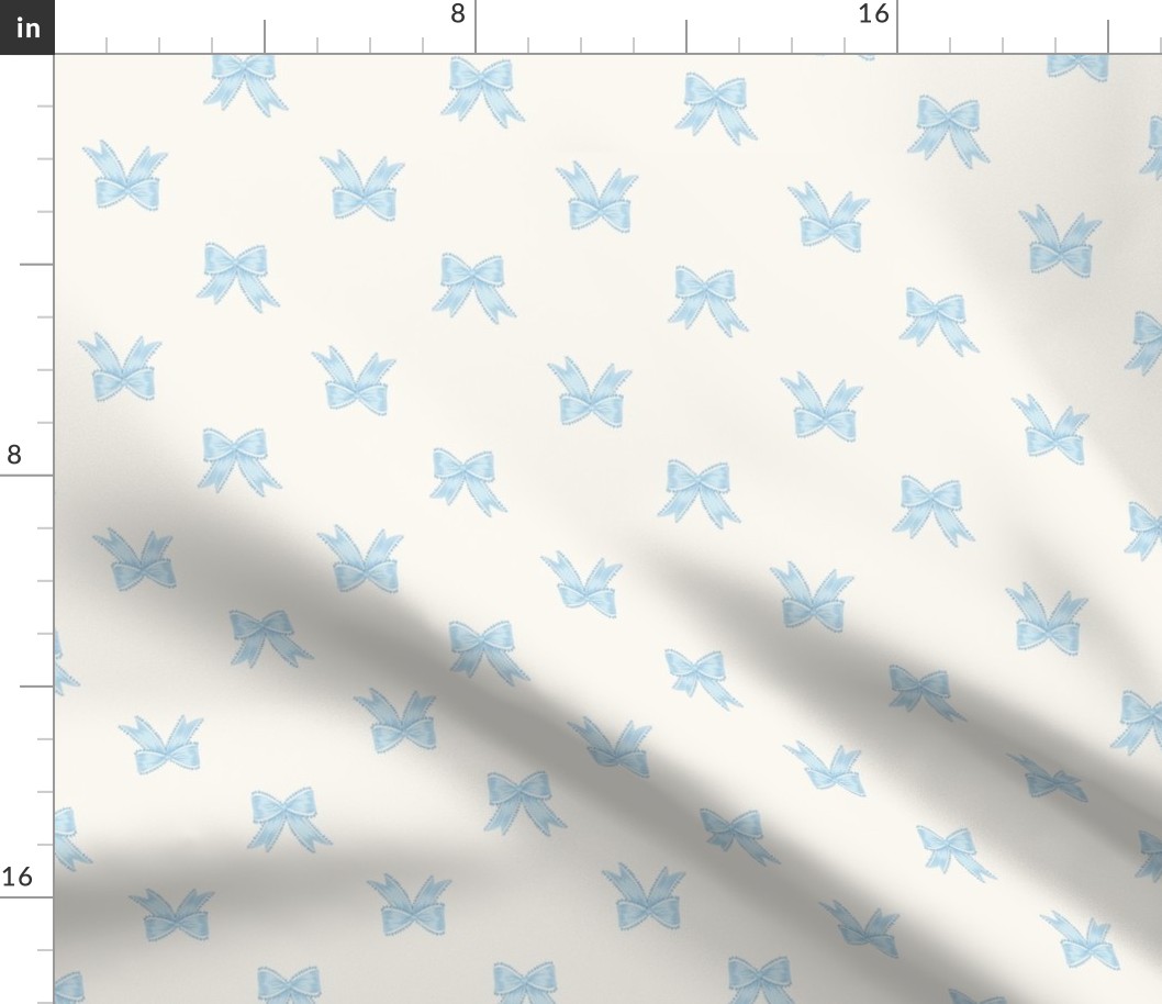 Small Two Directional Pastel Blue Bow Ribbons on Benjamin Moore White Opulence Background