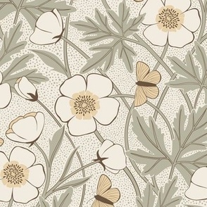 Sylvie Buttercup Floral | Ivory + Fern | Small - 12" repeat | Arts & Crafts Style