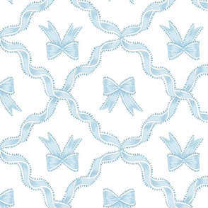 Large Two Directional Blue Bows with Ribbon Diamond Trellis on Pure White (#ffffff) Background