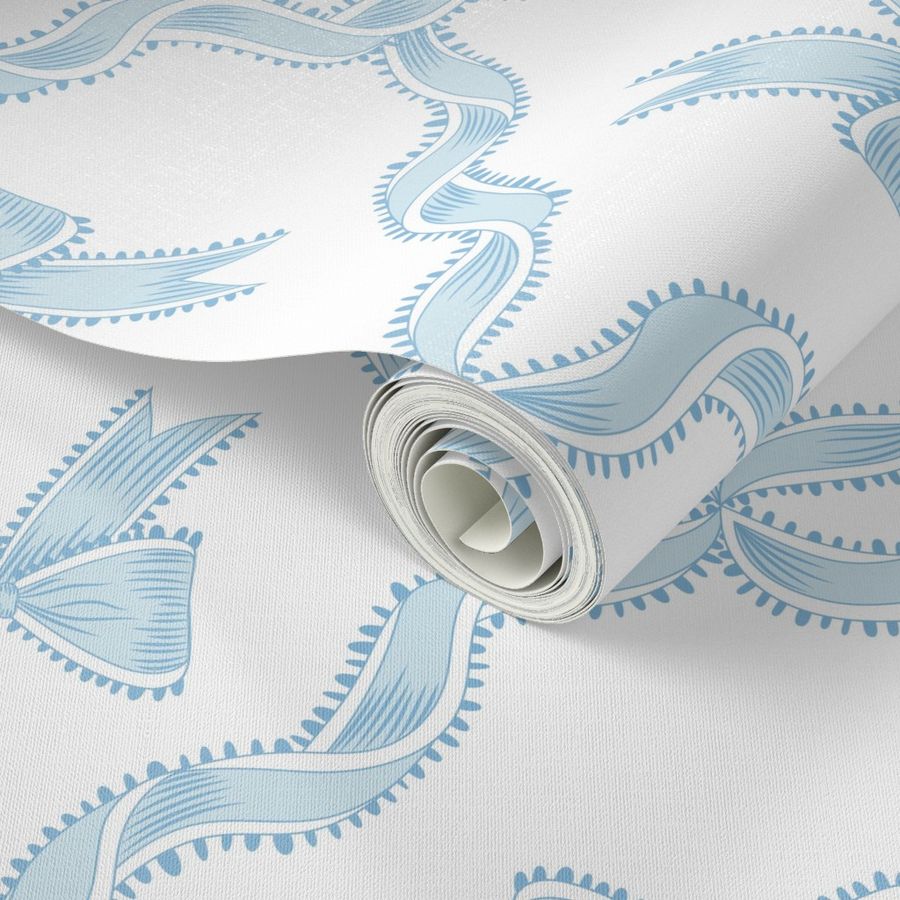 Medium Two Directional Blue Bows with Ribbon Diamond Trellis on Pure White (#ffffff) Background