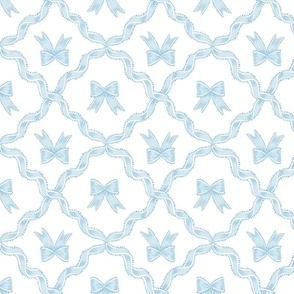 Medium Two Directional Blue Bows with Ribbon Diamond Trellis on Pure White (#ffffff) Background