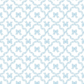 Small Two Directional Blue Bows with Ribbon Diamond Trellis on Pure White (#ffffff) Background