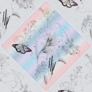 8x8-Inch Repeat of Butterfly with Plants - Variation 03 Gray with Stripes