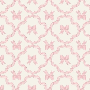 Medium Two Directional Pastel Pink Bows with Ribbon Diamond Trellis on Benjamin Moore Alabaster White Background