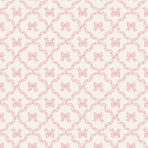 Small Two Directional Pastel Pink Bows with Ribbon Diamond Trellis on Benjamin Moore Alabaster White Background