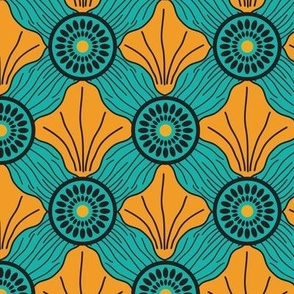Jewel-Toned Floral Scalloped Art Deco Abstract in Turquoise and Amber