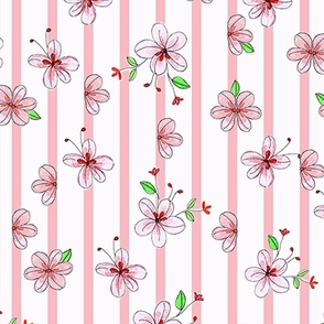 Fantasy, Pink and White flowers on Pink Stripes "Lilly Bells" collection (large size pattern) by Mona Lisa Tello