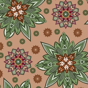 Abstract Natural Christmas Mandala  - Evergreen_ Laurel Green_ Cranberry Red_ on Caramel Taupe