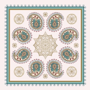 Decorative Paisleys with a central Mandala in green on pinkish white