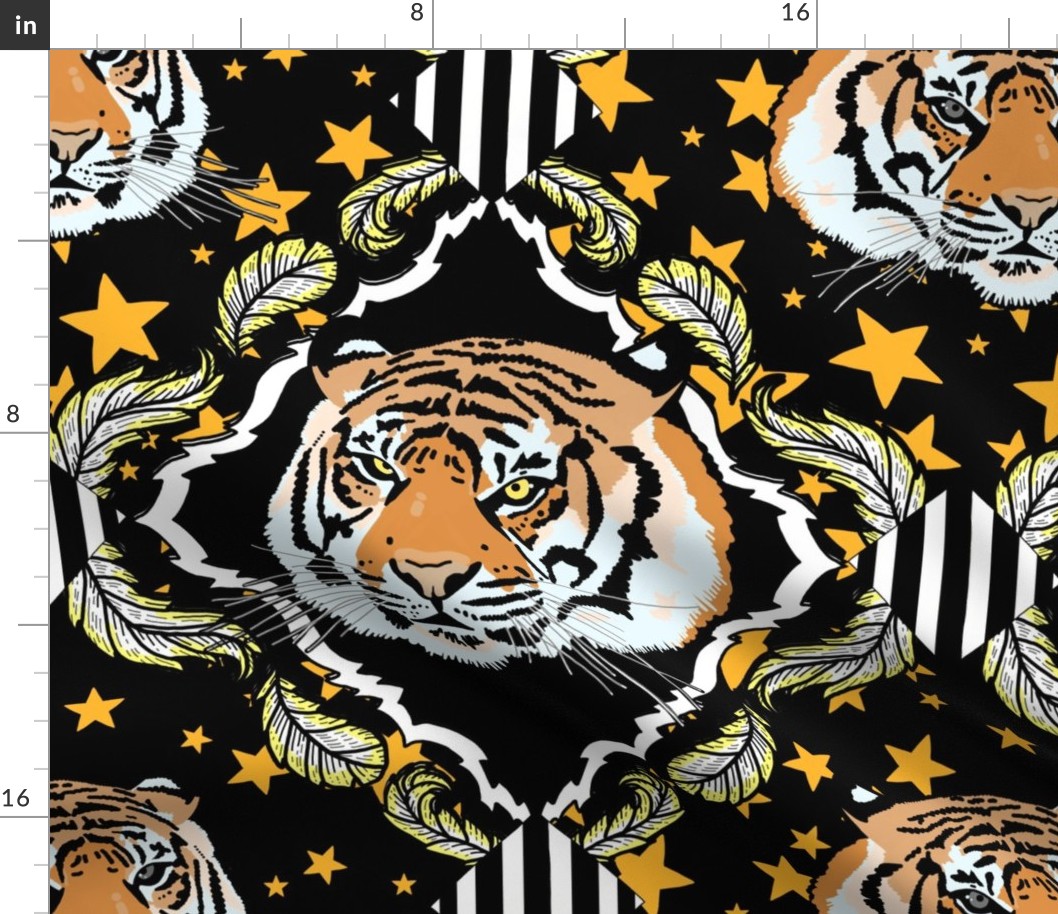 Ornate tiger damask, with stars, large scale