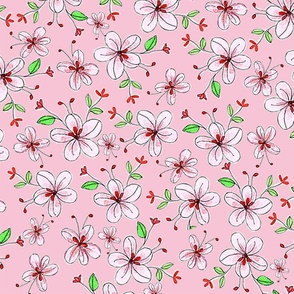 Fantasy, Small Pink and White Flowers "Lilly Bells" collection in a non directional pattern on pink background by Mona Lisa Tello