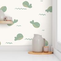 Minimal sea life   – Baby whales ocean        -    minty green , off-white and golden yellow                  //   Big scale