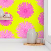 Pink Floral Photography - Pink Dandelions on Yellow Background - JUMBO SIZE - Summer Flower Garden