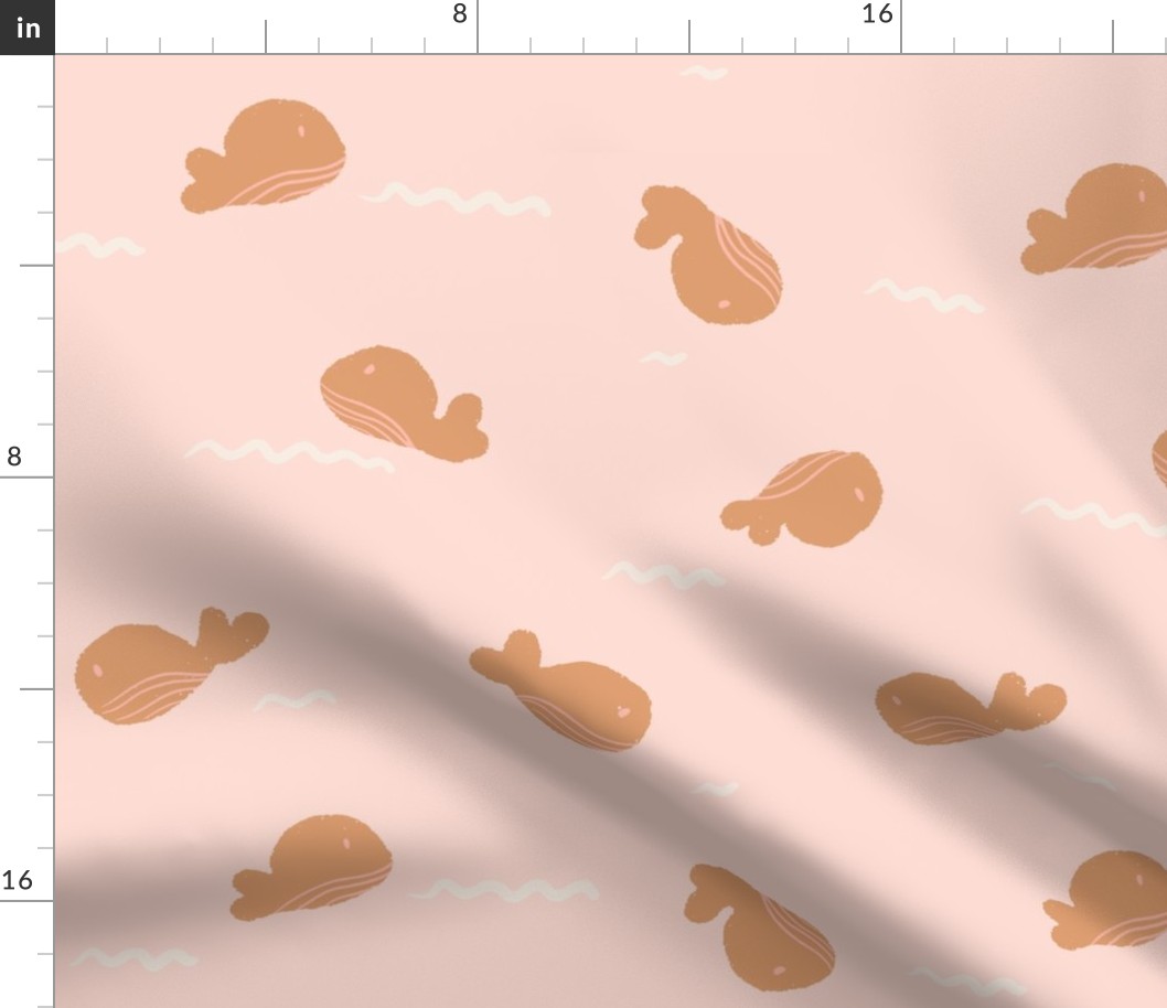 Minimal sea life   – Baby whales ocean        -    pastel peach   , brown , off white              //   Big scale