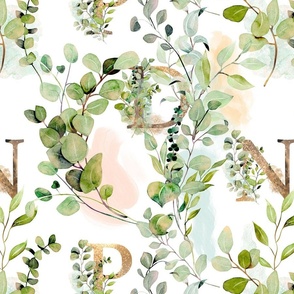 Watercolor greenery and golden letters floral print